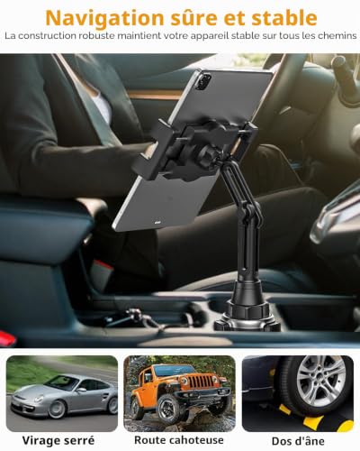 Support Tablette Voiture Gobelet, woleyi Universel Porte Gobelet Tablette avec Bras Télescopique, Support Téléphone Voiture Tasse, Pour iPad Pro 12.9 10.5 9.7 Air Mini 5 4 3 2, iPhone Series 4-13"