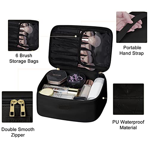 MAANGE Makeup Bag - Large Cosmetic Bag with 2pcs Small Makeup Bags Portable Leather Travel Makeup Bag Set Toiletry Bag Make Up Bags for Women and Girls, Black, 10.3''*7.1''*4.8'', Makeup Bag Set