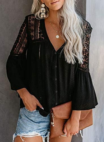 CANIKAT Women's V Neck Lace Crochet Flowy Bell Sleeve Button Down Casual T Shirts Blouses Tops 5 CANIKAT Women's V Neck Lace Crochet Flowy Bell Sleeve Button Down Casual T Shirts Blouses Tops