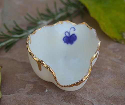 White and Gold Ring Dish with blue butterfly, handmade porcelain jewelry storage