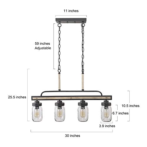 LOG BARN Rustic Mason Jar Pendant Lighting for Kitchen, 4 Lights Farmhouse Chandelier in Distressed Faux Wood and Dark Grey Metal Finish, 30" Large Dining Room Linear Lighting