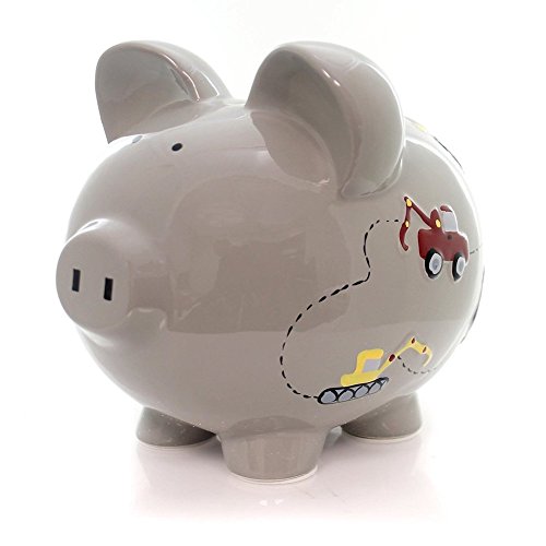 Child to Cherish Ceramic Piggy Bank, Construction Trucks, Grey