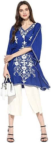 CRAFTBAZAR Women's Boho Embroidered Midnight Blue Kaftan Top (Free Size)
