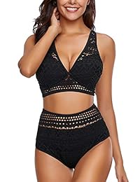 Luvamia traje de baño de dos piezas de encaje de ganchillo con cintura alta y cuello en V para mujer