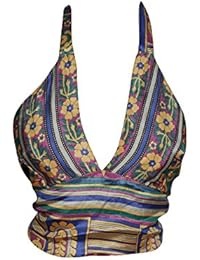 Hazel Womens Halter Top Blouse Sexy Flirty Plunge Upcycled Silk Printed Crop Tops One Size
