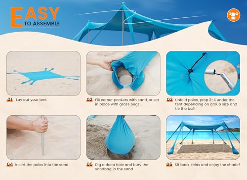 Tenda da Spiaggia Portatile Tents, Grande Tenda Mare Spiaggia UPF50+ Tenda Della Spiaggia di con 4 Pali, Pala, Picchetti e Borsa per il Trasporto per Campeggio, Pesca, 3x 3x 2M (sky blue)