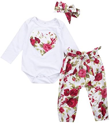 Miward Newborn Baby Girls Floral Heart Peach Print Romper Long Pants With Bowknot Headband Outfit Set (6-12 Months, Red)