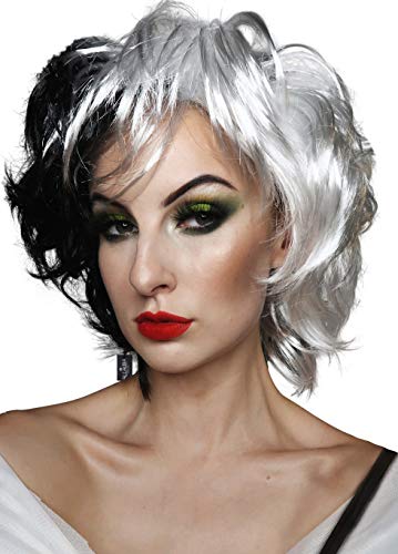 Cruel Devil Costume Wig Fits Adult & Kids. Short Black White Wigs for Cosplay Halloween + Wig Cap Included
