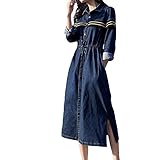 ANJUNIE Long Denim Dress Women Solid V-Neck Button
