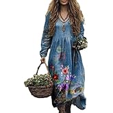 Women’s Boho Floral V-Neck Maxi Dress Long Sleeve Vintage Loose Fit Dress for St Patrick’s Day Casual Holiday Wear