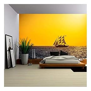 Sailing Ship Silhouette in Red Sunset on The Sea - Removable Wall Mural | Self-Adhesive Large Wallpaper - 66x96 inches