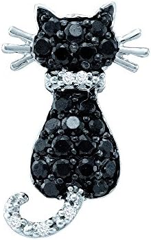 14K White Gold Black Diamond Frisky Cat Necklace Pendant 1/3 Ctw.