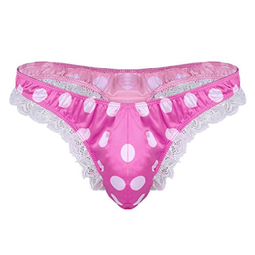 iEFiEL Men's Soft Satin Polka Dot Ruffled Extra Frilly Thong Sissy Underwear Tanga Panties Rose Lace Polka Dots Medium