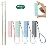 Reusable Metal Collapsible Portable Straw - Travel Stainless Steel Foldable Drinking Straw with Silicone Case & Cleaning Brush, 4 Packs (Pink Gray Blue Green)...