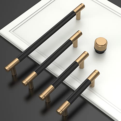 Amerdeco UK0026 10 Pieces Black Gold Kitchen Cabinet Handles 160 mm Gold Alloy Furniture Handles with Screws for Desks, Drawers, Cabinets, Cupboards