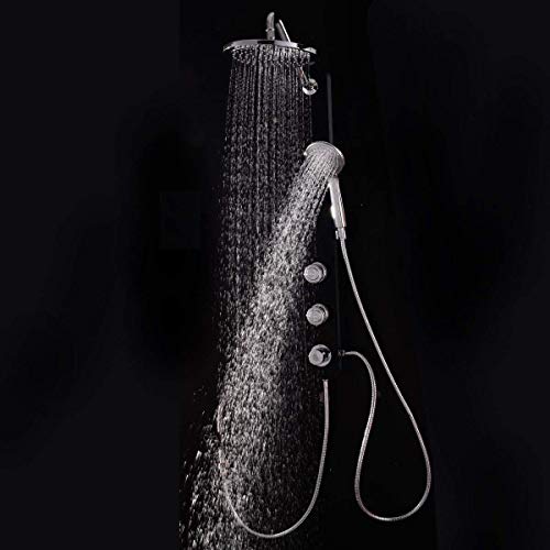 ReunionG, Black Panel, Tempered Glass Set with Rainfall Waterfall Head, Column with Massage Jets and Hand Shower, Easy Assembly