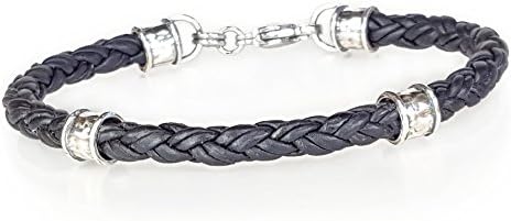 BLACK Braided Leather Bracelet with 2 Decorative Beads 7"