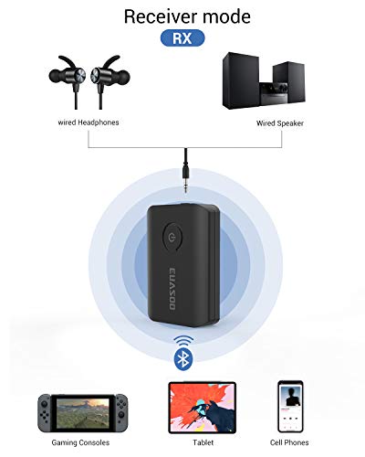 EUASOO Bluetooth 5.0 Transmitter Receiver, 2-in-1 Wireless Adapter with 3.5mm AUX Stereo Output (AptX Low Latency, Pair with 2 Bluetooth Devices Simultaneously) for PC/TV/Home Sound System, Black