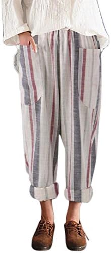 Sunbona Women Wide Leg Pants, High Waist Striped Cotton Linen Elastic Waist Casual Loose Trousers
