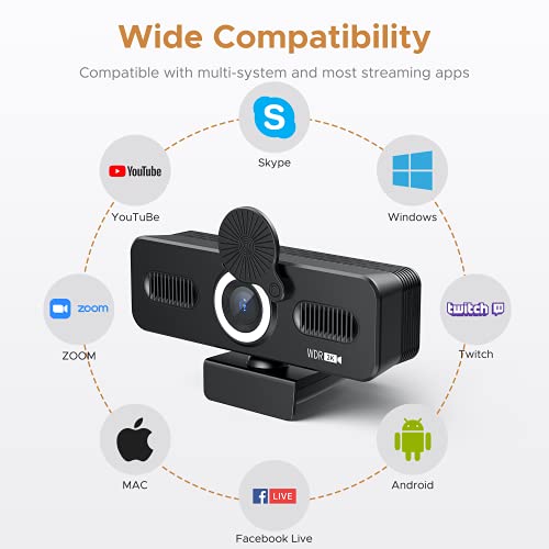 Truefree 2K QHD Webcam with Microphone, Adjustable Ring Light & Privacy Cover, Autofocus USB Web Camera, Plug and Play, 110° Wide Angle, for Mac Desktop Laptop, Streaming Webcam for Zoom/Skype/YouTube