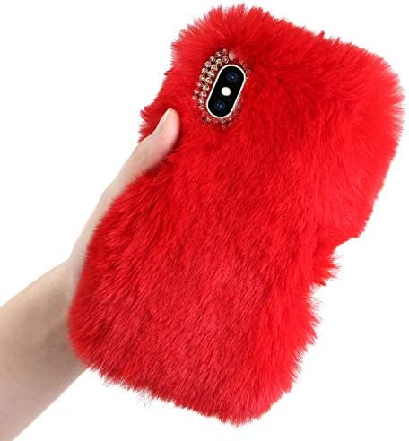 Aearl iPhone X Case,iPhone Xs Case,iPhone X Rabbit Fur Case,Luxury Cute 3D Homemade Diamond Winter Warm Soft Furry Fluffy Fuzzy Bunny Ear Plush Back Phone Case Cover Girls Women-Red(5.8''2018)