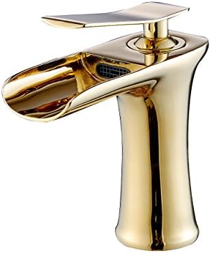 Fapully Contemporary Deck Mount Single Lever Single Hole Widespread Waterfall Bathroom Sink Faucet,Gold