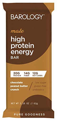 Barology High Protein Energy Bar for Men, Delicious Chocolate Peanut Butter Crunch, 20g High Protein, Low Sugar, 12g Net Carbs, 14g Fiber, Gluten Free, Prebiotics, 2.28 oz Bar, 12 Count Pack
