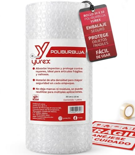 YUREX Papel Burbuja 30cm x 10m Poliburbuja para Empaque y Embalaje Protege Objetos Frágiles Amortigua Golpes Reduce Vibraciones Cuida Superficies sin Dejar Marcas Incluye Etiqueta Frágil y Mini Cinta