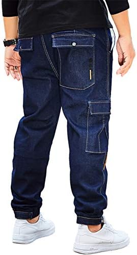 Men`s Elastic Waist Blue Stretch Loose Jogger Denim Baggy Cargo Jeans Plus Size