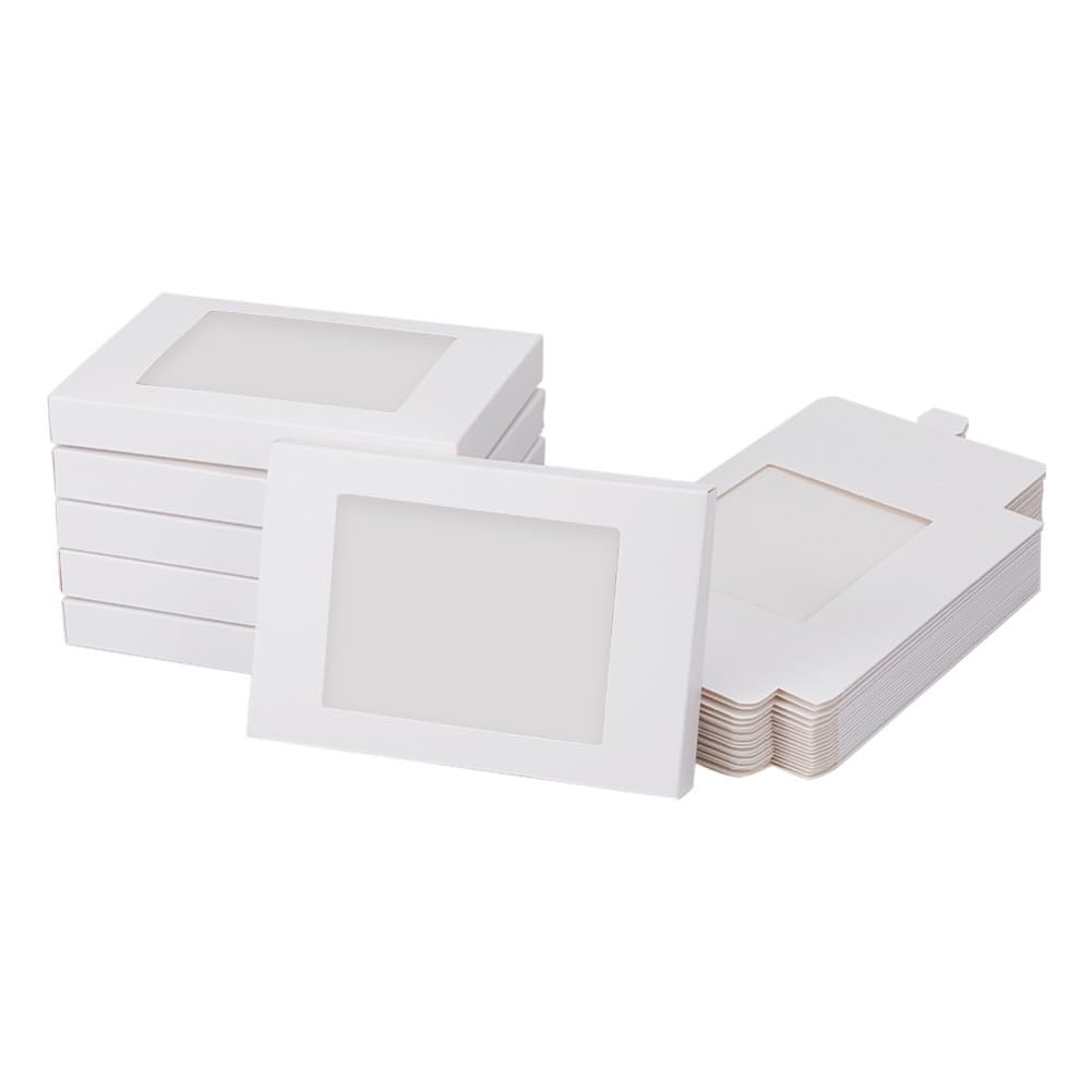 NBEADS 24 Pcs White Gift Box with PVC Window, Fold Paper Boxes Rectangle Kraft Paper Treat Boxes for Party Favor Treats Bakery and Jewelry Packaging, 8.5×12.45×1.4cm Finished