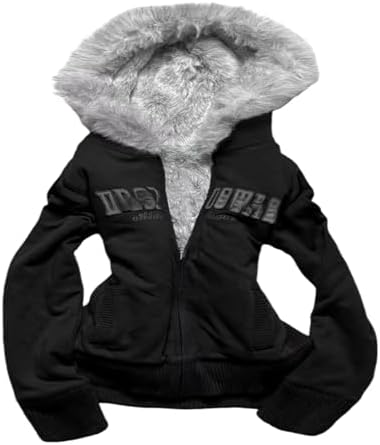ジャケット・アウター fur jacket archive grunge 00s OANTGM Y2k Zip Up Hoodie Fur Jackets Emo Grunge Crop Winter Coats