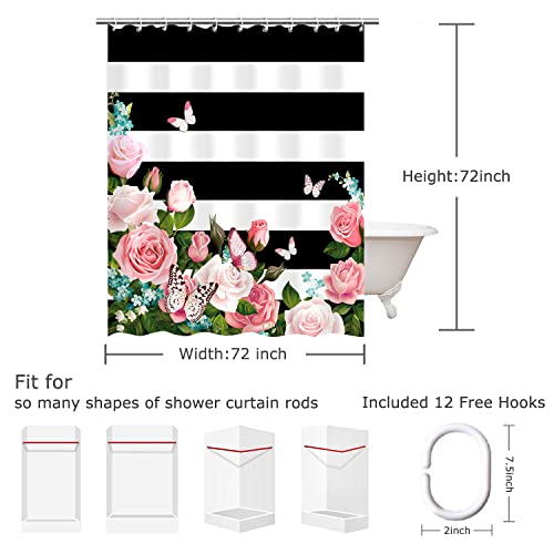 LIVILAN Striped Shower Curtain with Pink Roses, Pink Shower Curtain
