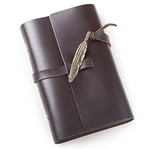 Ancicraft Vintage Soft Genuine Leather Journal Diary Notebook Refillable with Feather 6-ring Binder Lined Craft Paper A6 (Dark coffee with feather)