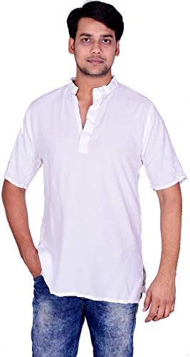 Indian Men's Short Kurta Shirt 100% Cotton Plus Size Loose Fit Solid White Color Half Sleeves