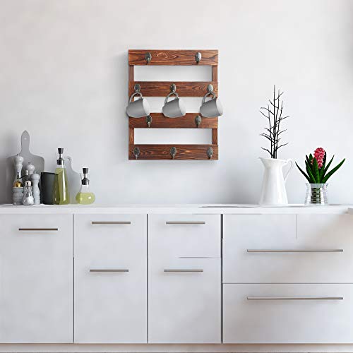 Eurlemd Coffee Mug Holder, Rustic Wooden Mug Rack Wall Mounted, with 10 Hooks for Home Kitchen Display Storage and Collection (Rustic Brown)