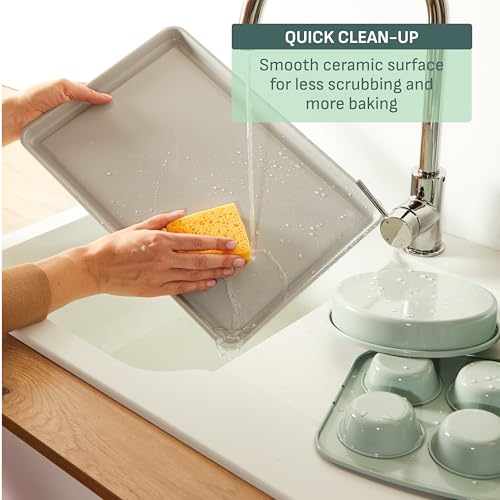 T-fal Refresh Ceramic Nonstick Baking Pans Set (8 Pc), Roaster, 12-Cup for Muffins, Loaf Trays, Baking Sheets Non Stick, Cooling Cooking Rack, Stackable Bakeware Set, Mint Green