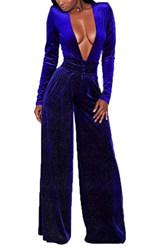 New Fashion Women Deep V Neck Long Sleeve Wide Leg Long Pants Romper Jumpsuits