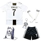 BIRDBOX Youth Sportswear C.Ronaldo Juve 7 Kids Home Soccer Jersey/Shorts Bag Keychain Football Socks Set (5-6 Years)