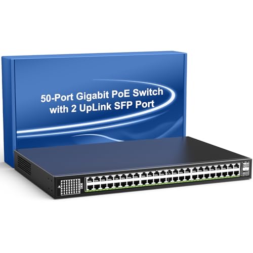48 Port Unmanaged Gigabit PoE Ethernet Switch with 2 SFP 1000Mbps Uplink Ports, 50 Port VIMIN PoE Ethernet Switch Supports IEEE802.3af/at, 400W Power Supply, Plug and Play