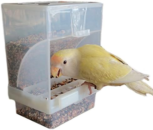 XMSSIT No Mess Bird Feeder, Integrated Parrot Automatic Feeder for Small To Medium Birds Cage Accessories, Budgerigar Canary Cockatiel Finch Parakeet Seed Food Container