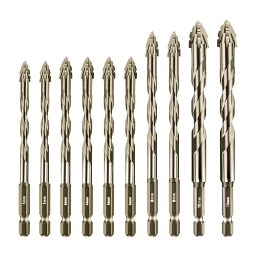 4 Flute Sawtooth Eccentric Drill Bit, 10PCS 4 Blade Serrated Drill Bit 1/4 Hex Shank Carbide Tip Tile Drill Bit Set Concrete Masonry Drill Bits for Brick Wood Plastic (5/5/6/6/6/6/8/8/10/12MM)