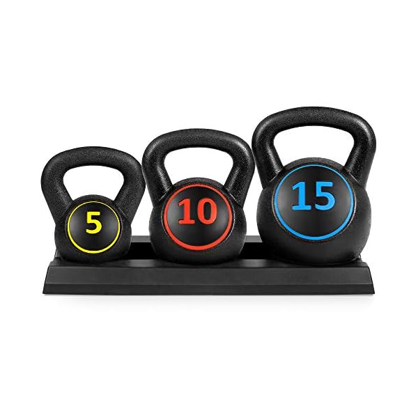 Best Choice Products 3-Piece Kettlebell Set with Storage Rack, HDPE Coated Exercise Fitness Concrete Weights for Home Gym, Strength Training, HIIT Workout 5lb, 10lb, 15lb