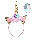 Glitter Unicorn Horn Headband with Unicorn Hair Clip, Flowers Ears Headbands for Party Decoration or Cosplay Costume …