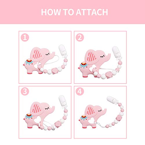 AmazingM Baby Teething Toys,Food Grade Silicone Elephant Teether Toy with Pacifier Clip Holder Set for Newborn Babies,BPA Free,Freezer Safe (Pink) - Thumbnail 6