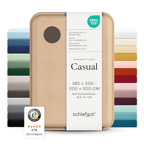 schlafgut Casual Spannbettlaken 100% Bio Baumwolle Made in Green by Oeko TEX (180x200cm bis 200x200cm Matratzenhöhe bis 25cm, Sand Deep)