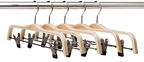 Wood Pants Hangers/Wooden Skirt Hangers For Trousers With Two Adjustable Clips, Natural Finished Wood Clips Hangers 5 Pack