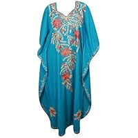 Women Maxi Caftan Dress Blue Embroidered Lounge Kimono Kaftan One Size