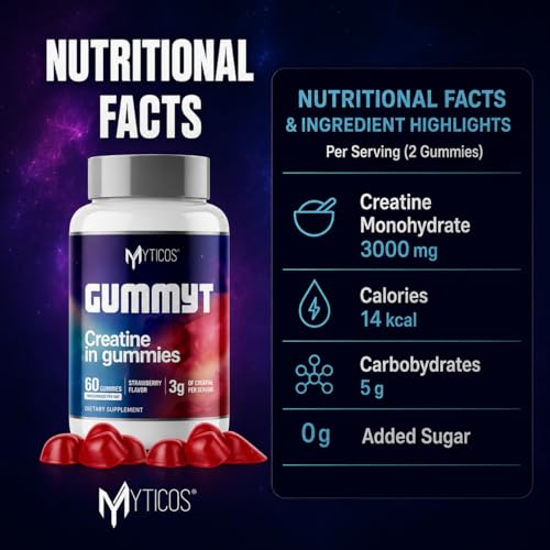 MYTICOS Gummyt Creatine Gummies 3000mg | Creatine Monohydrate | Strawberry Flavor | Sugar Free | No Powder No Mess | 60 Gummies | Muscle Recovery & Strength for Men & Women