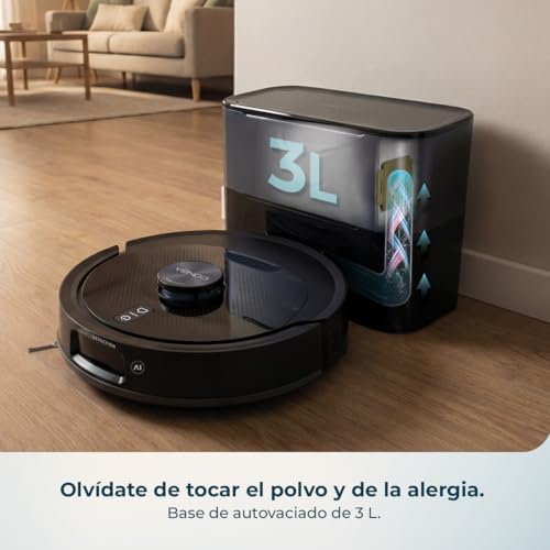 Robot Aspirador y Friegasuelos con Base Autovaciado e IA Conga Y90 Dark. Navegación Láser, 25000Pa, Autonomía 240min, Cepillo Silicona para Mascotas, Bolsa de Polvo 3L, Bluetooth y WiFi, App