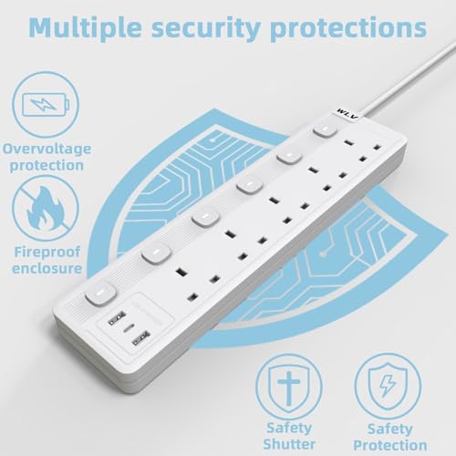 WLV Extension Lead 3M, 5 Plug Extension Lead with 3 USB Slots, Plug Extension Socket with Individually Switch, White Wall Mounted Power Strip for Dorm, Kitchen, Living Room, Bedroom